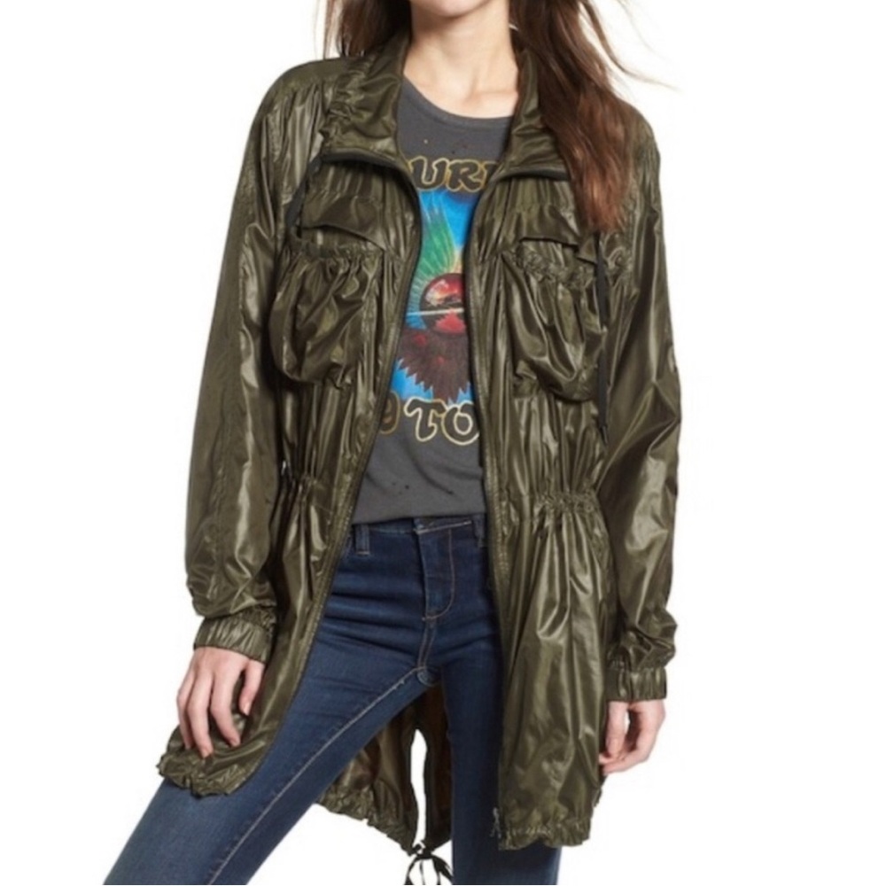 BLANK NYC Olive Green Lightweight Utility Packable Rain Jacket Oversized Size XS